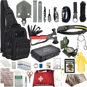 Survival Kit - Survival Gear and Supplies, Camping Gear, 75-Piece 18-in-1 Kit with First Aid, Compass, Headlamp, Shovel, Axe, Fire Starter, and More. Gift for Men, Boys, Fathers, Boyfriends and Dad