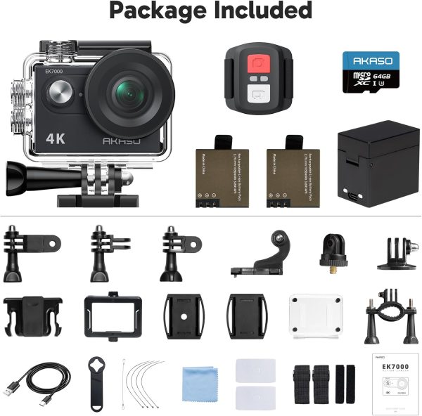 AKASO EK7000 4K30fps Action Camera with 64GB MicroSDXC U3 Memory Card Accessories Kit Bundle Ultra HD 131FT Waterproof Camera EIS WiFi Remote Control 4X Zoom Underwater Camera, Black - Image 9