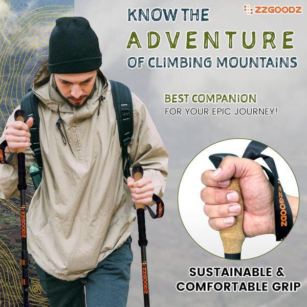 Collapsible Hiking & Trekking Poles 2 pc - Ultralight Folding Walking Sticks for Seniors, Women and Men-Adjustable Hiking Sticks with Metal Folding Clasps, Cork Handle and Silky Wristband - Image 7