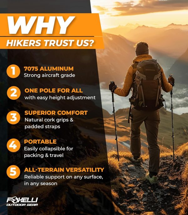 Foxelli Trekking Poles – Lightweight Collapsible Trekking Poles for Hiking Men & Women, Perfect Balance & Support for Seniors - Image 2
