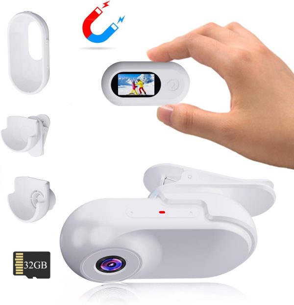 Mini Action Camera 1080P with 32GB Card Sports Camera Pocket Wearable Body Camera Helmet Camera vlogging Camera Multi-Function Accessory Mini Body Camera Pocket Camera (White)